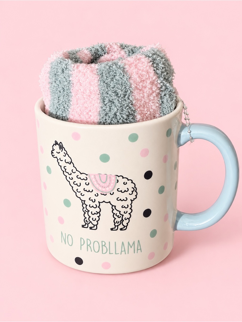 No Probllama Mug with Pink and Sage Fuzzy Socks